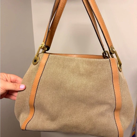 Michael Kors Beige Canvas Shoulder Bag with Tan Leather Trim - Picture 2 of 3